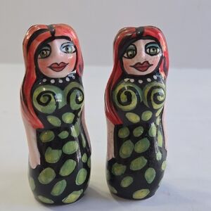 Vintage Hand-Painted Whimsical Mermaid Salt+Pepper Shaker Set By Nicole Engblom